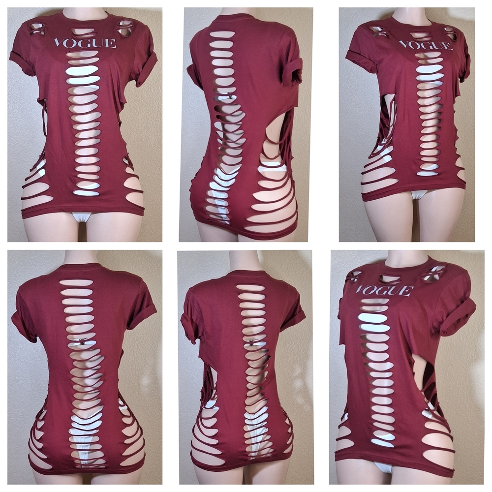 Vogue Maroon Distressed Cutout Short Sleeve Tee